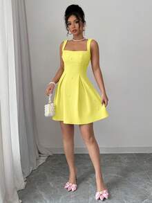 Rafferiza 女士纯色拼接宽肩带铆钉休闲连衣裙 - 淡黃色 - 查看 5