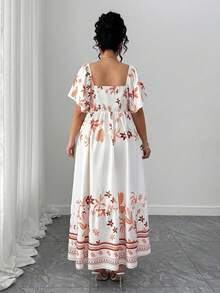 Elenzga Plus Size Elegant Square Neck Leaf Floral Print Back Ruched Waist Short Sleeve Ruffle Hem Maxi Dress Short Sleeve Digital Print Waist Cinched Midi Dress - Multicolor - View 2