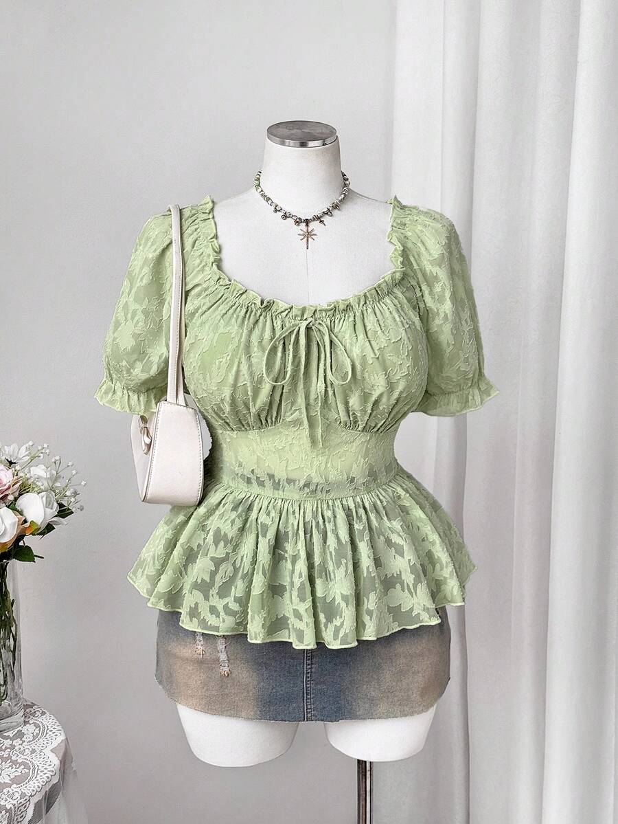 Flirla Blusa de mujer talla grande con mangas abullonadas de jacquard, bajo con volantes, estilo romántico de vacaciones y campo, primavera/verano - Verde - Ver 1