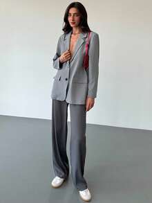 Aloruh Young Street Style Minimalist Grey Textured Oversize Long Sleeve Loose Women's Blazer For Commuting Winter,Business Casual, Elegant, Baggy/Going Out Old-Fashioned Suit/Grey Suit/Casual - Grey - View 4