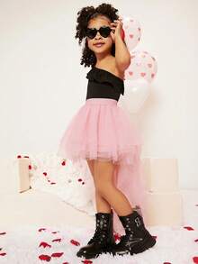 SHEIN Váy lưới vạt trước ngắn vạt sau dài cho bé gái (1 chiếc) - Màu Hồng baby - Xem 4