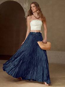 MOTF PREMIUM TEXTURED FLOWY SKIRT - Navy Blue - View 4