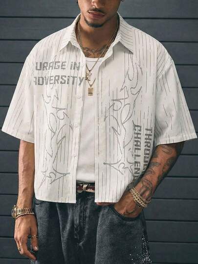 AXEPEAK 男士休闲时尚街头字母条纹印花宽松短袖衬衫，夏季