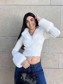 Hitanina Áo khoác cardigan tay dài màu đen cổ bẻ, tay dài, dáng ôm sát, màu đen, dành cho mùa thu/đông - trắng - Xem 5