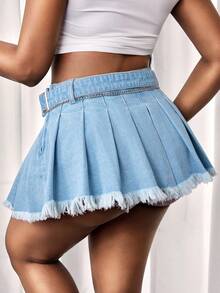 BamGleam Chân váy ngắn xếp ly denim rách tua rua dáng thường ngày dành cho nữ, thích hợp cho mùa hè. - Rửa nhẹ - Xem 2