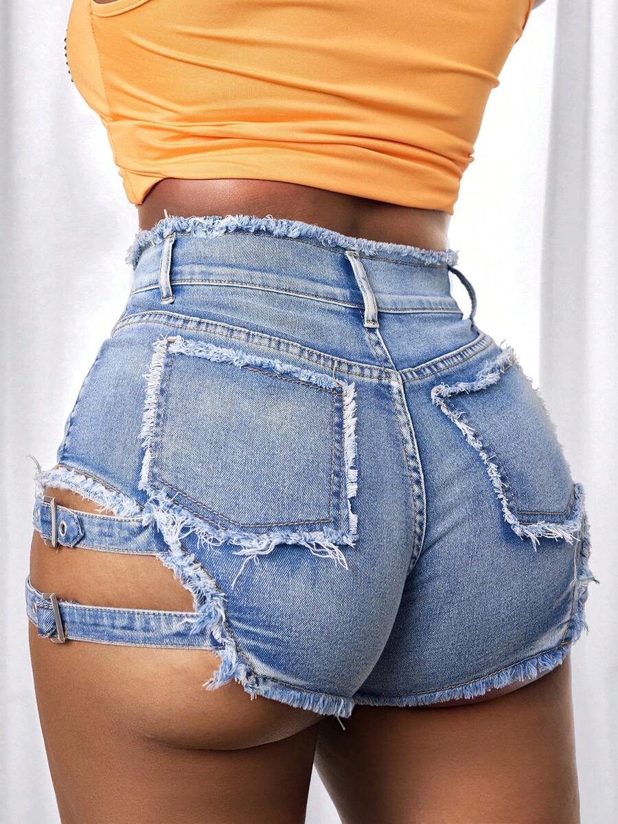 BamGleam 女士性感镂空修身牛仔短裤，夏季 - 淺色水洗藍 - 查看 1