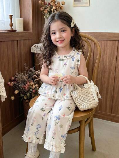 Vintaside Kids Young Girls' Sleeveless Floral Decorated Top And Pants Set, Sweet And Fresh Style, Suitable For Daily Outings, Casual Gatherings, Vacations