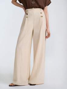 Aalyst 女士休闲优雅亚麻质感金属扣装饰修身九分裤，带口袋，适合夏季郊游、约会、新年、情人节、复活节、母亲节、音乐节、中东婚礼、通勤、浪漫假期等场合，杏色 - 杏色 - 查看 3