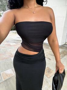 Alexandranx 黑色性感吊带网纱褶皱拼接镂空腰部连衣裙，适合约会和聚会 - 黑色 - 查看 6