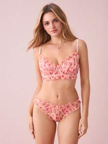 Bonmuse 2 件套女士性感内衣：粉色牡丹印花网眼褶皱钢圈性感文胸搭配褶皱丁字裤性感内裤，可爱 - 粉色 - 查看 3