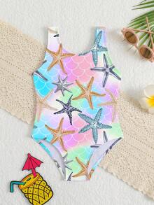 女童海星鱼鳞印花宽肩带露背连体泳衣，圆领设计，时尚休闲，优雅大方，适合游泳、夏季度假和海滩穿着。 - 彩色 - 查看 3