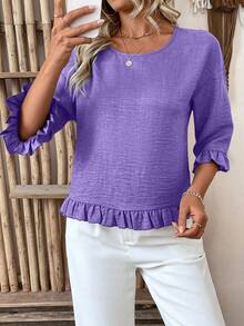 LanaWest Women's Linen Blouse,Short Sleeve Dropped Shoulder Loose Fit Blue Woven Fabric Frill Trim Sleeve Cuffs And Hem,Fashion Casual Summer Granny Mother - Purple - View 3