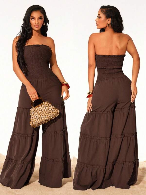 Radiana Women's Sexy Bohemian Style Coffee Brown Bandeau Jumpsuit, Super Loose Lotus Root Wide Leg Pants, Casual Jumpsuit, Flowy Wide Leg Jumpsuit, Suitable For Daily Outings, Gatherings, Parties, Cocktail Parties, Carnivals, Music Festivals, Concerts, Vacations, Beaches, Holiday Trips