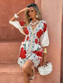 Selianne Women's White Floral Summer Boho Holiday Vacation Holiday Elegant V-Neck Mid-Sleeve Cinched Waist A-Line Hem Retro Floral Dress - Multicolor - View 3