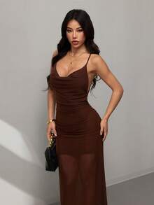 SHEIN PETITE Đầm nữ hở lưng với cổ yếm và lưng đính hạt, màu nâu, đầm đi nghỉ mát, thích hợp cho kỳ nghỉ biển và du lịch thường ngày. - màu nâu - Xem 7