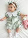 SHEIN Summer New Style Baby Girl's Newborn Green Woven Checkered Puff Sleeve Short-Sleeve Patchwork White Lace Trim Round-Neck Loose Dress. The Back Part Has A Button Opening For Easy Putting On And Taking Off. It Is Simple, Gentle, Sweet And Adorable, Suitable For Outdoor Play And Photography.