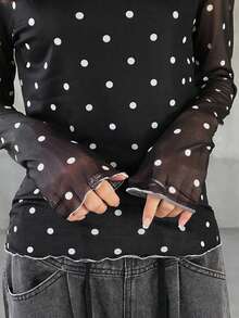 FRIFUL 女士波点印花网纱长袖休闲衬衫 - 黑色 - 查看 3