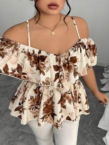 Elenzga Plus Size Elegant Off-Shoulder Ruffle Hem A-Line Blouse, Spring/Summer - Brown - View 5