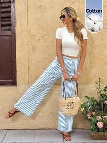 SHEIN Frenchy Pantalones anchos de rayas casuales y versátiles para uso diario de mujer - Azul y blanco - Ver 5