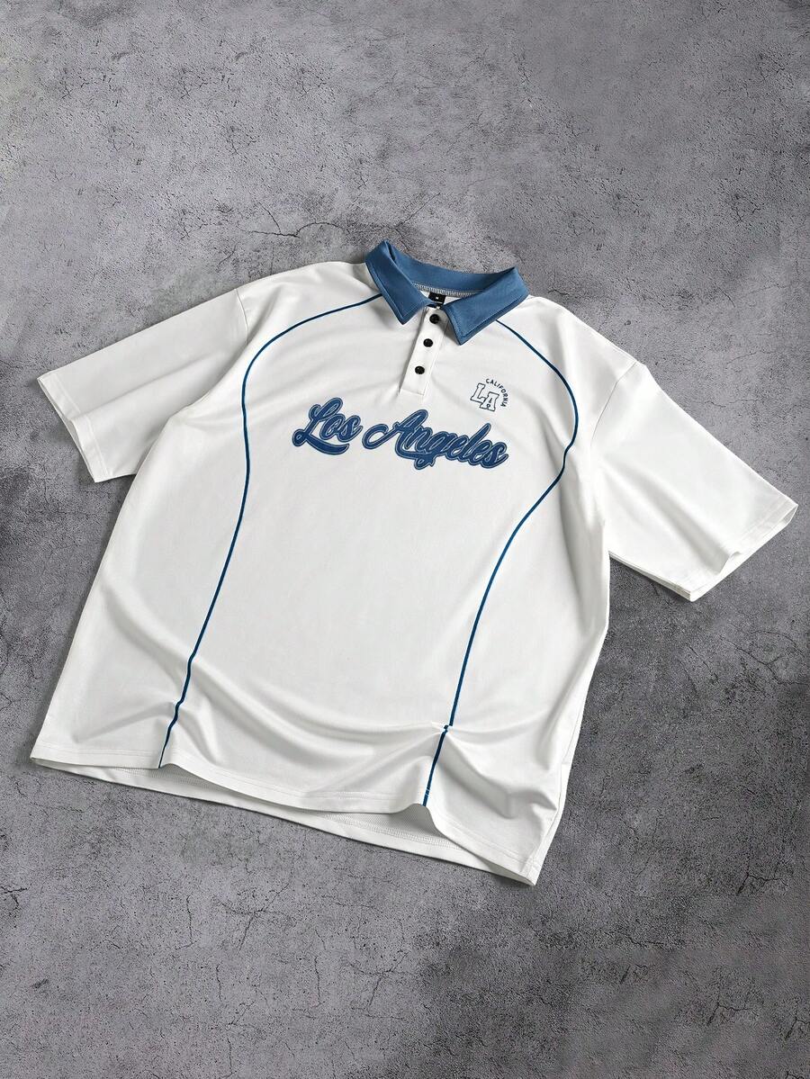 Claim Dot 男士字母印花短袖休闲通勤 Polo 衫，男士夏季服装，青少年服装，翻领短袖纽扣撞色 Polo 衫，“洛杉矶”印花，日常休闲，适合外出，送给男友的绝佳礼物，返校季，学院风，常春藤风格 - 彩色 - 查看 1