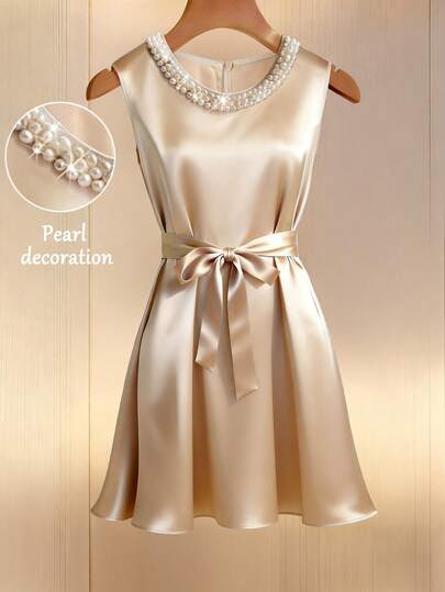 GlowEve 杏色无袖圆领珍珠装饰优雅女士短裙