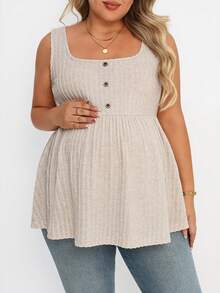 SHEIN 夏季大码孕妇休闲外出上衣，杏色，饰有纽扣，伞状下摆。大码孕妇休闲无袖纯色上衣，夏季娃娃衫，大码上衣，高腰上衣，大码娃娃衫，女士曲线上衣，女士夏季上衣，女士曲线米色上衣，女士大码上衣，女士遮肚夏季服装，女士夏季上衣，女士夏季服装，女士夏季度假服装，女士背心，女士吊带背心，夏季工作吊带背心，女士罗纹吊带背心，女士孕妇装，女士休闲服装，大码娃娃衫 - 杏色 - 查看 4