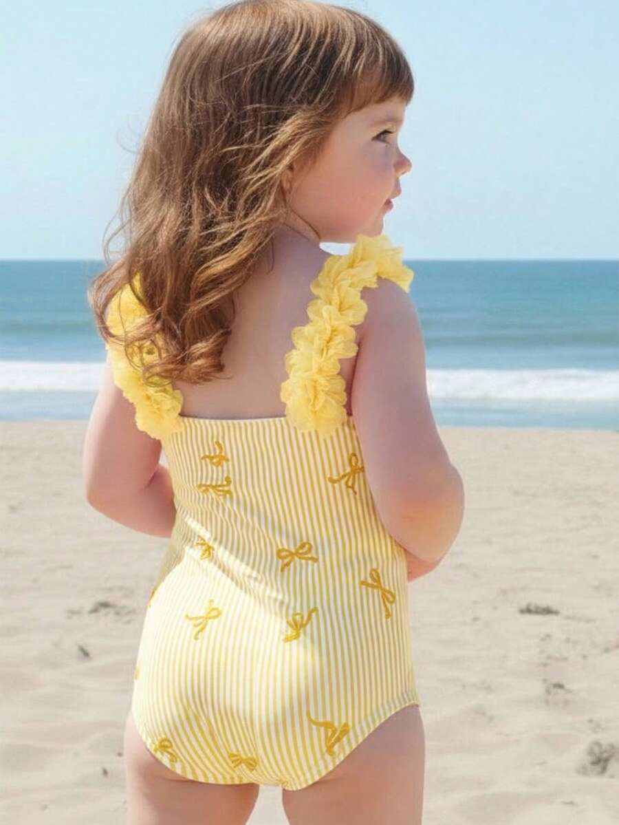 LMoss Kids 女婴蝴蝶结条纹印花连体泳衣 - 黃色 - 查看 1