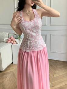 Celisse Abito elegante da donna con collo alla halter, senza schienale, in rete ricamata, vita aderente - Rosa - Visualizzare 3