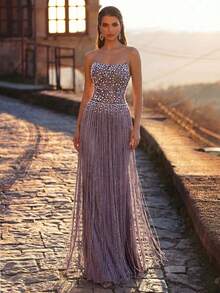 Glamrae 优雅奢华的串珠亮片流苏美人鱼裙摆性感无肩带连衣裙，适合婚礼、活动、派对、度假、盛会、正式场合（重工刺绣） - 紫色 - 查看 8