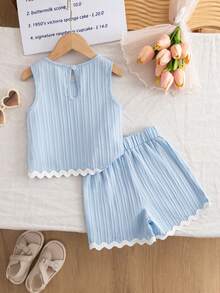 Elladie kids 女童（小号）纹理面料撞色下摆无袖上衣和休闲短裤T恤套装 - 藍色 - 查看 2
