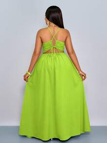 SOLERSUN Women Plus Size Spring Summer Solid Color Elegant Holiday Crisscross Tie Backless Halter Swing Dress Maxi Women Outfit - Limelight Green - View 2
