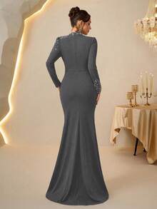 Coutiva Elegant Rhinestone Embellished Fish Tail Hem High-End Formal Gown, Luxury Elegant Socialite Dress - Grey - View 2