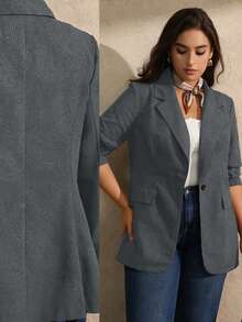 Juhart Plus Size Women Vintage Brown Elegant Botanical Embossed Blazer - Grey - View 1