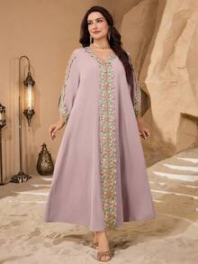 Al Najma Plus Size Solid Color Lace Trim Women Turkish Long Tunic, Arabic Traditional Long Dress - Dusty Pink - View 6