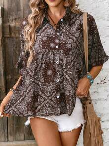 LanaWest 女士休闲印花蝙蝠袖单排扣褶裥衬衫 - 棕色 - 查看 3