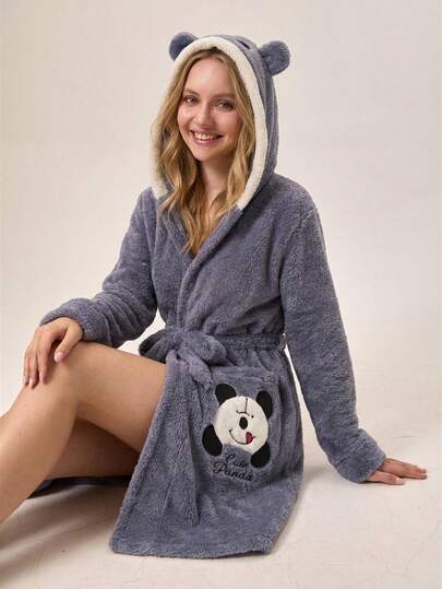 EURMUSE Kvinnor Plysch Panda Broderi Med Öron Hoodie Robe