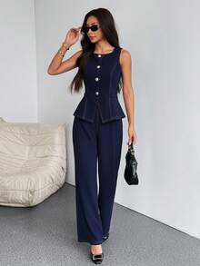 SHEIN PETITE 女款優雅海軍藍兩件套，辦公室單排扣背心與寬腿褲，秋季仿丹寧無袖荷葉邊上衣套裝，經典職場穿搭，適合嬌小女性 - 藏蓝色 - 查看 4