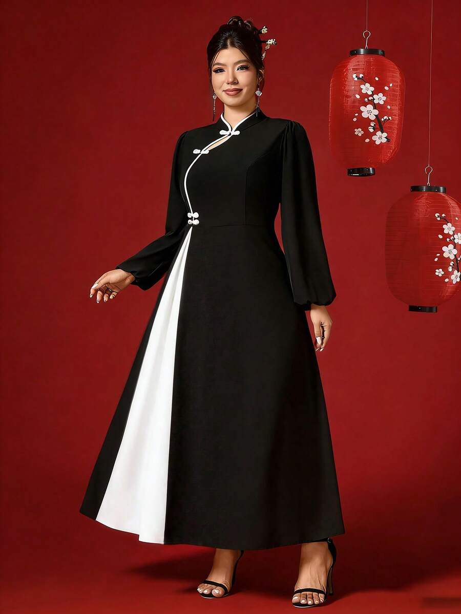 Elenzga 大码女式长袖修身连衣裙，中国风，适合秋冬季节穿着，也适合新年主题活动。 - 彩色 - 查看 1