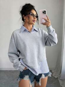 GlowEve 2025 Sudadera casual de lino a rayas con parches y cuello, de moda y versátil, adecuada para el uso diario y vacaciones en otoño - Multicolor - Ver 2