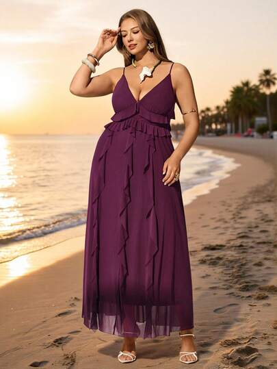 Auralis Plus Size Women Solid Color Ruffle Trim Elegant Slip Dress Spring/Summer Elegant Vacation Dresses For Women Wedding Guest Dress For Women Graduation Dress For Women Festival Outfits For Women