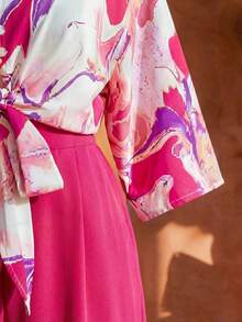 SHEIN CURVE+ Bộ áo sơ mi và quần dáng rộng phối màu tương phản, cỡ lớn, phong cách thường ngày. - Nhiều màu - Xem 5