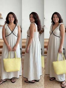 Enliva 大码女式无袖撞色中长连衣裙，时尚休闲夏季度假风，适合苹果型和圆润身材 - 杏色 - 查看 3