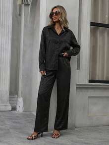 EURMUSE Foil Leopard Printed Blouse And Drawstring Slant Pockets Long Pants Elegant Cozy 2pcs Set - Black - View 3