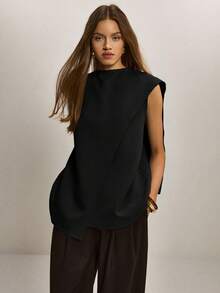 ATUI Studio Blusa sin mangas de unicolor con envolvente, adecuada para el uso diario en verano - Negro - Ver 6