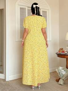 Celure 女士优雅碎花连衣裙,方领、泡泡袖、收腰设计、荷叶边下摆,时尚百搭,适合花园派对、春夏法式风格连衣裙、黄色碎花连衣裙、田园风连衣裙、贝儿连衣裙、女士黄色连衣裙、女士复活节连衣裙、女士连衣裙 - 黃色 - 查看 3