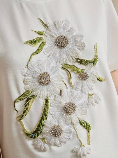 Anewsta 春夏新款优雅休闲百搭刺绣串珠花卉圆领短袖T恤（女款）