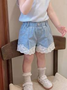 SHEIN Young Girls Summer Washed Denim Shorts, Casual Elastic Waist Loose Fit Wide Leg Lace Trim Blue Jeans Shorts - Blue - View 1
