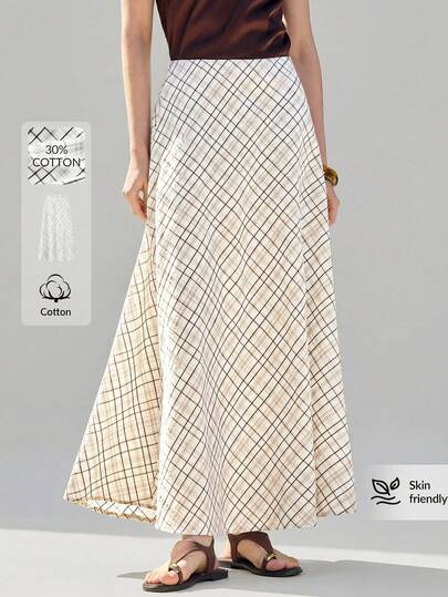 Ontre Women's Skirt, Beige & Coffee Plaid Fabric, Comfortable & Skin-Friendly Woven Material, Loose Fit, Concealed Zipper, Modern Urban Chic Business Casual Office Wear, Spring & Summer, Low-Key Vintage Vibe, High-Quality, Airport, Cruise, Wedding Guest, Holiday, Minimalist Luxe Feel, Versatile, High-End Material, All Season, Resort Holiday, Fashion Bestseller