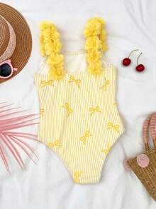 LMoss Kids 女婴蝴蝶结条纹印花连体泳衣 - 黃色 - 查看 2