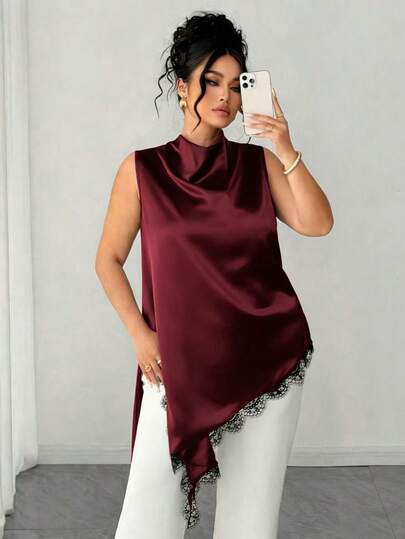 Elenzga Camisa sin mangas para mujer talla grande con dobladillo de encaje, blusa larga de estilo vintage elegante, versátil para el trabajo, graduación, vacaciones, San Valentín, festivales de música, Día de la Madre, Halloween, Acción de Gracias, Pascua, Día Nacional, bailes, citas, bodas, salidas, etc.